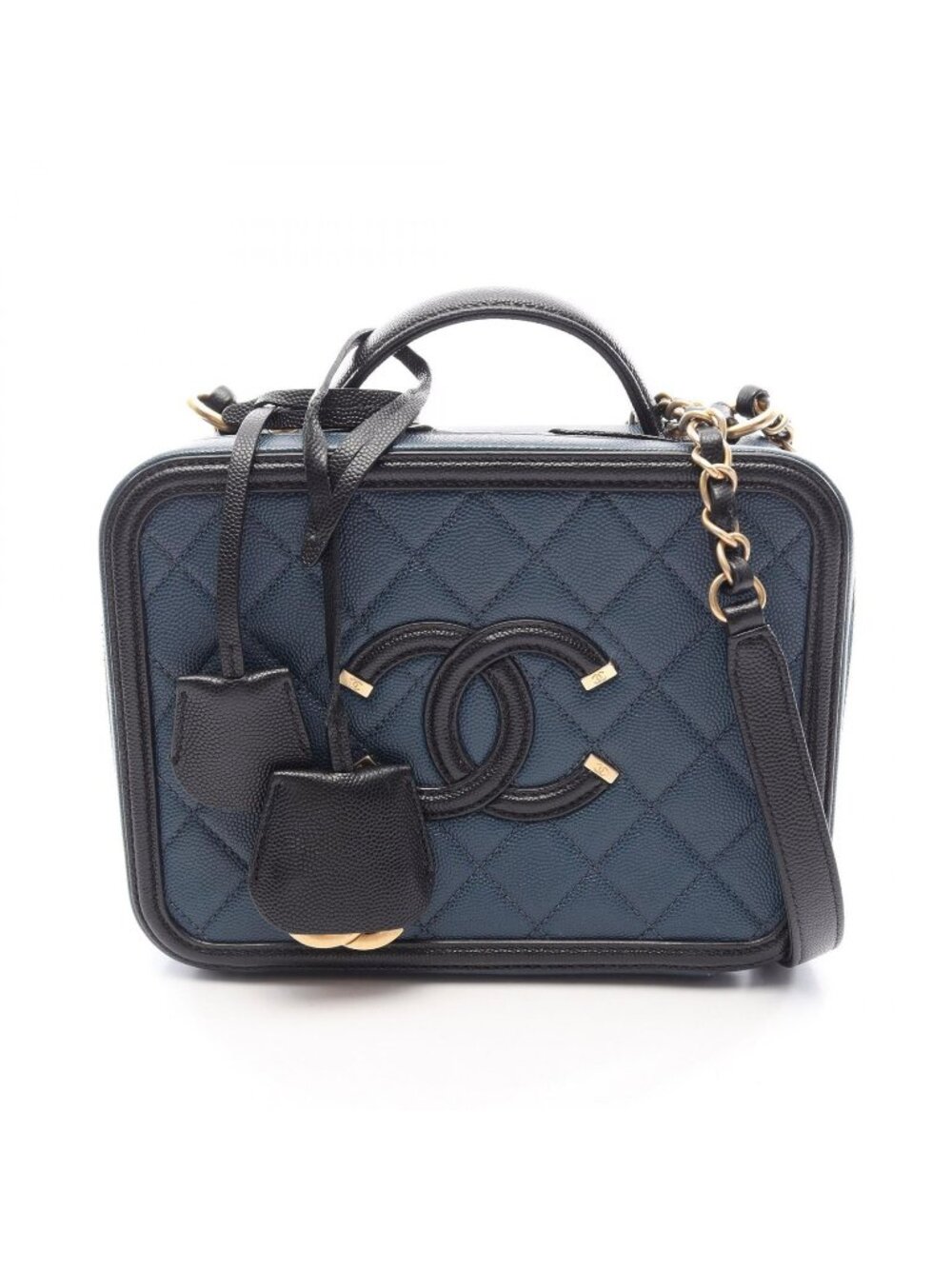 Chanel Shoulder Bag CC Filigree Vanity 2-Way Navy Black Caviar Leather CC